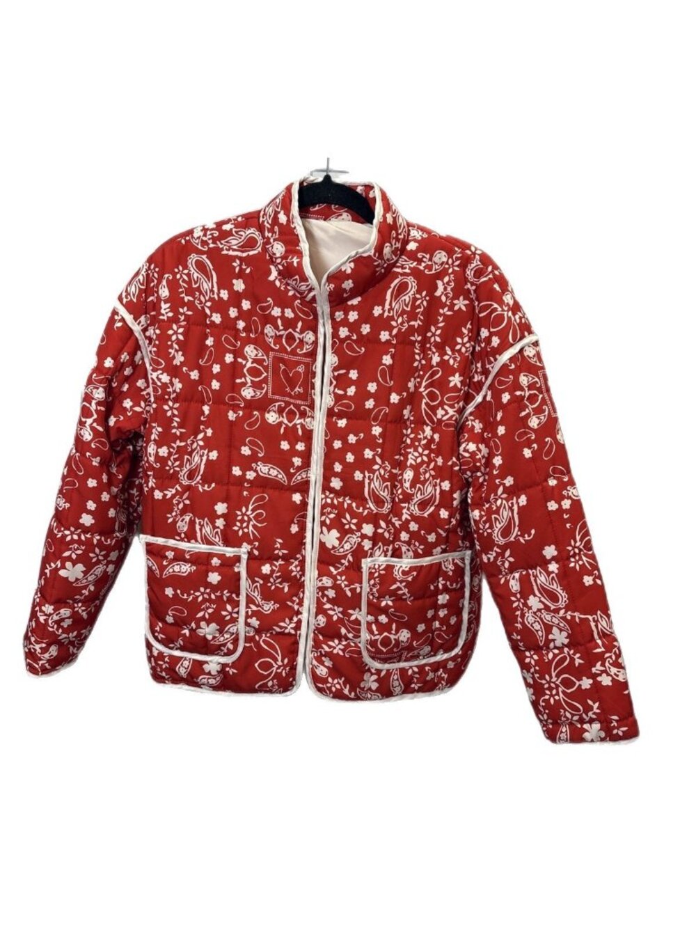 Paisley Bandana Print Quilted Puffer Jacket Red White Stand Collar XS